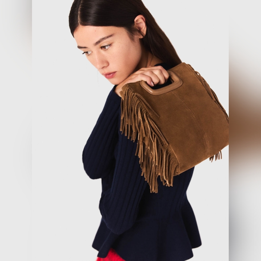 NWT Maje Suede Leather Fringed M Bag in Camel - Picture 2 of 8